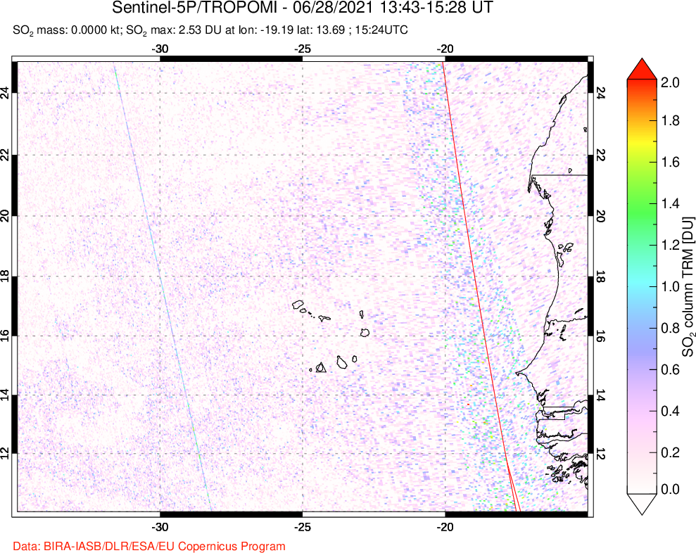 A sulfur dioxide image over Cape Verde Islands on Jun 28, 2021.
