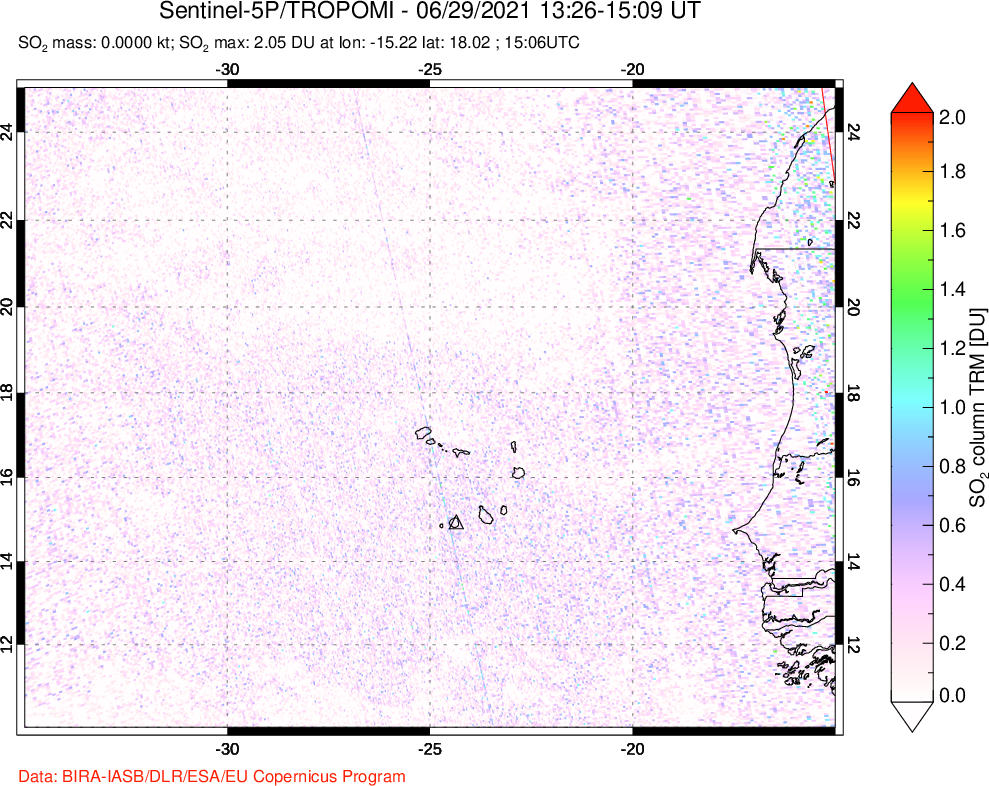 A sulfur dioxide image over Cape Verde Islands on Jun 29, 2021.