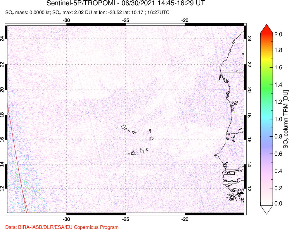 A sulfur dioxide image over Cape Verde Islands on Jun 30, 2021.