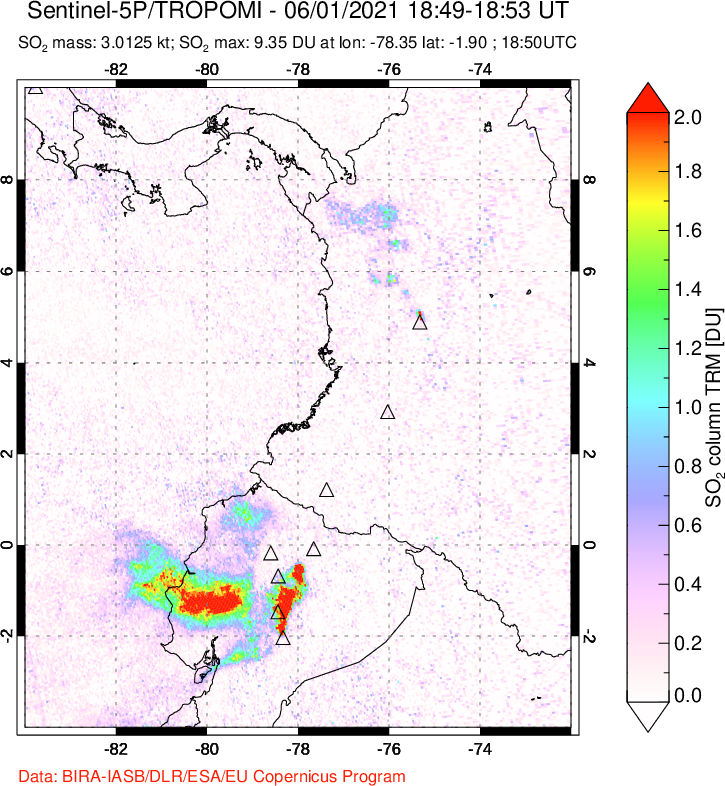 A sulfur dioxide image over Ecuador on Jun 01, 2021.