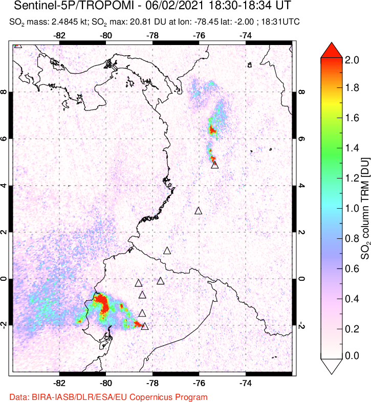 A sulfur dioxide image over Ecuador on Jun 02, 2021.