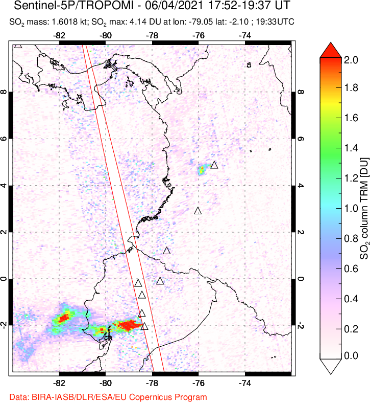 A sulfur dioxide image over Ecuador on Jun 04, 2021.