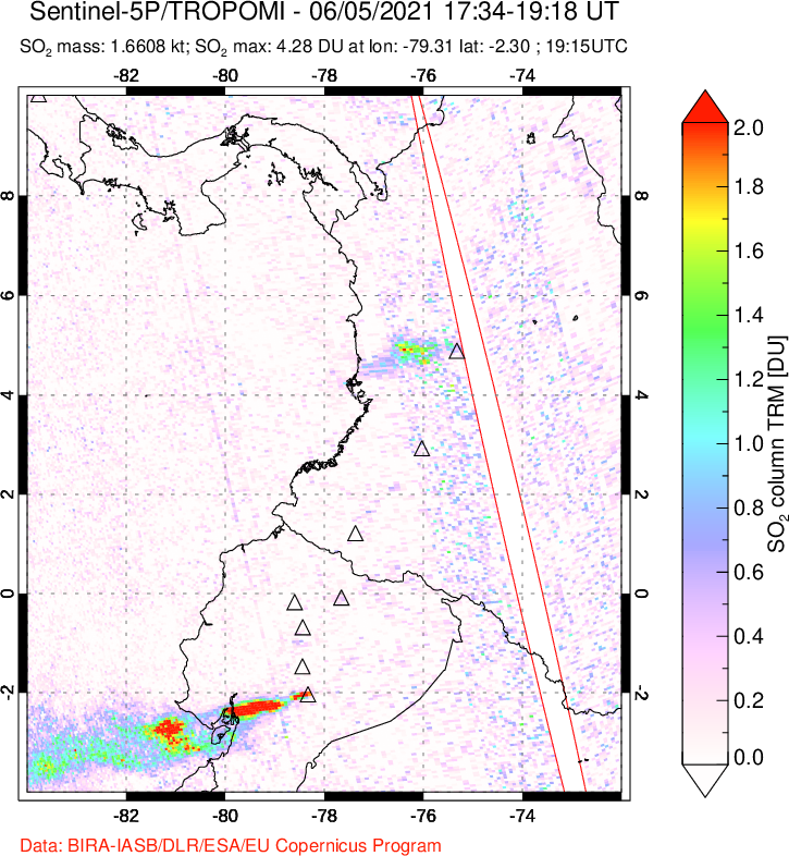 A sulfur dioxide image over Ecuador on Jun 05, 2021.