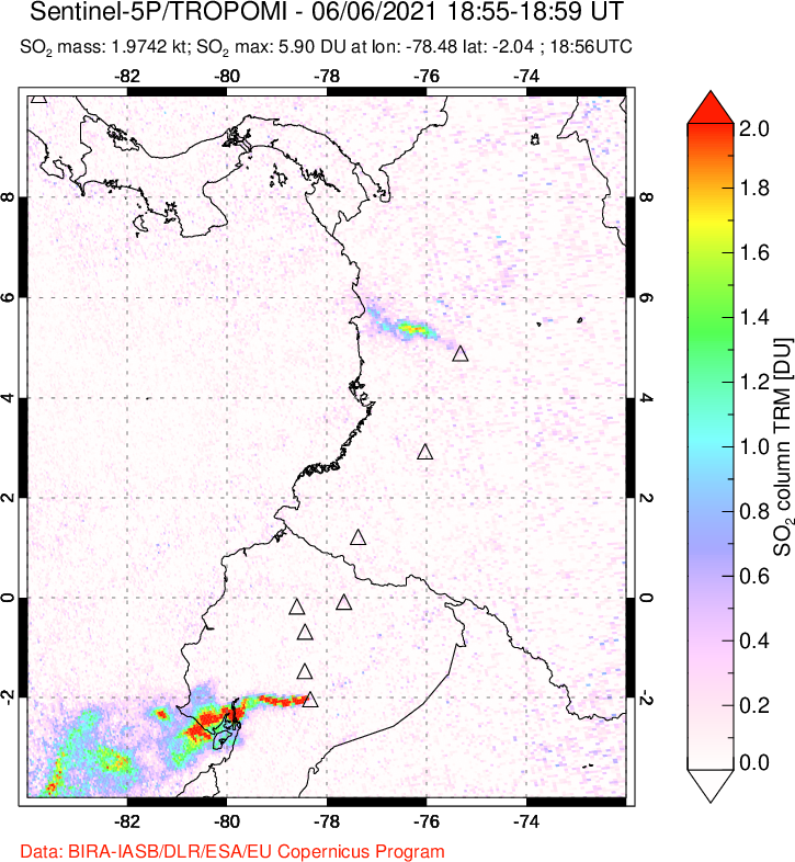 A sulfur dioxide image over Ecuador on Jun 06, 2021.