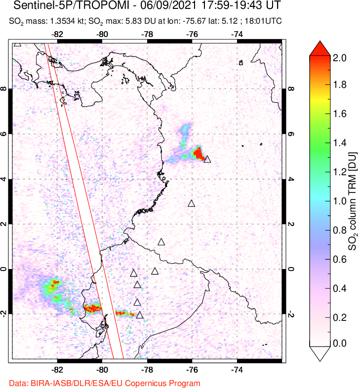 A sulfur dioxide image over Ecuador on Jun 09, 2021.