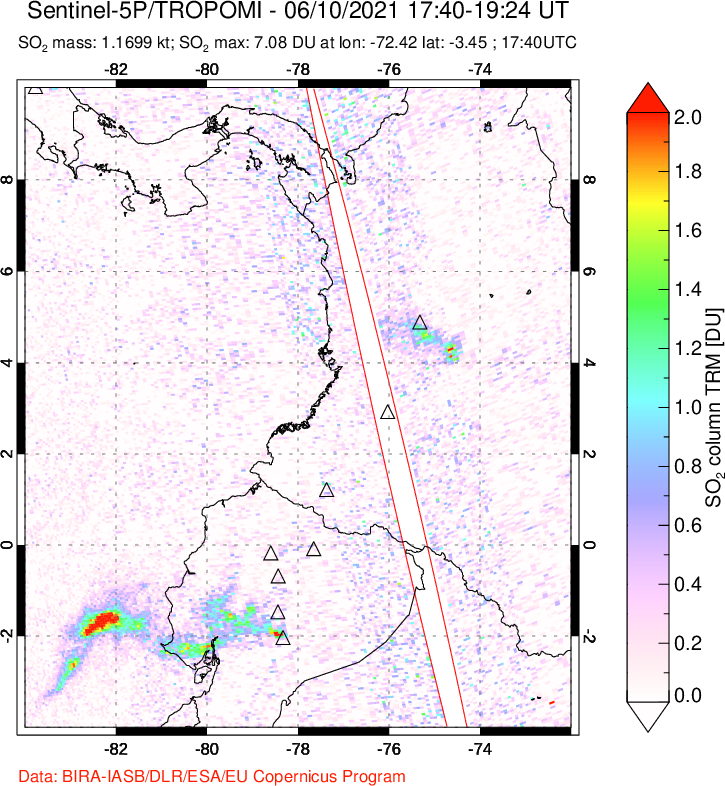 A sulfur dioxide image over Ecuador on Jun 10, 2021.