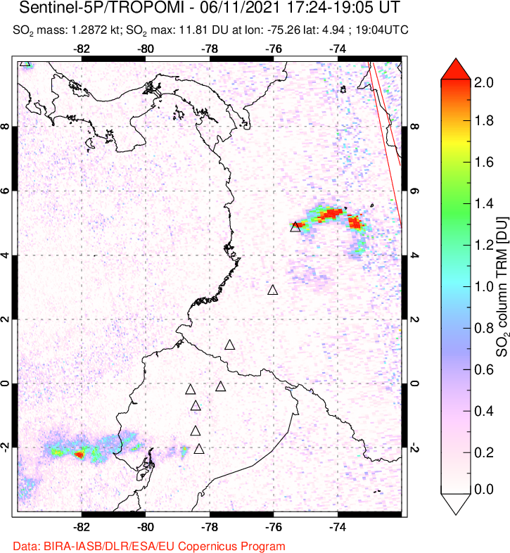 A sulfur dioxide image over Ecuador on Jun 11, 2021.