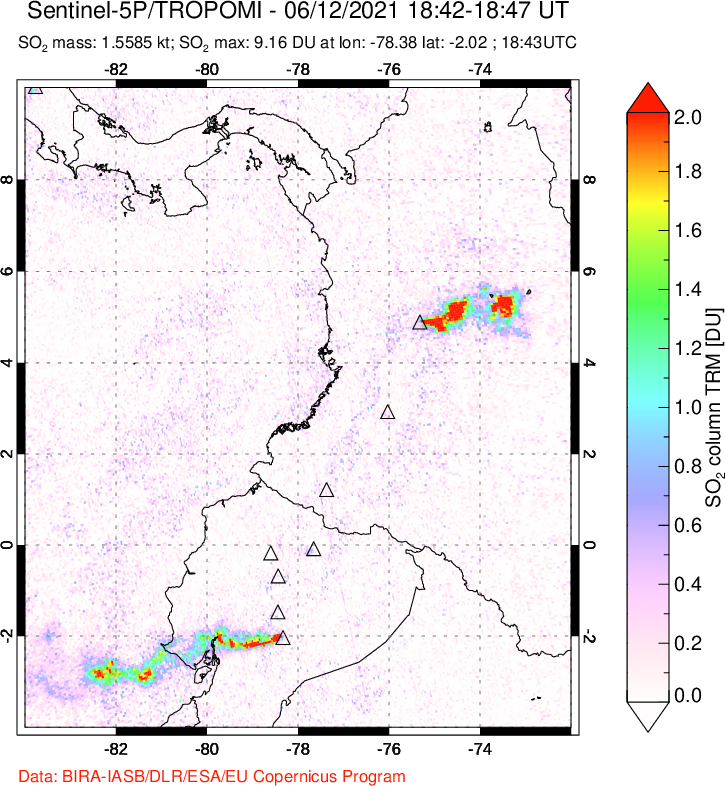 A sulfur dioxide image over Ecuador on Jun 12, 2021.