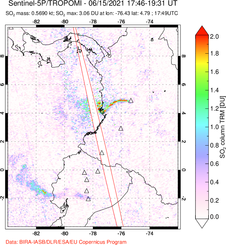 A sulfur dioxide image over Ecuador on Jun 15, 2021.