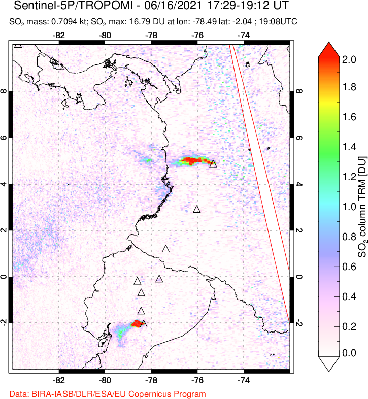 A sulfur dioxide image over Ecuador on Jun 16, 2021.
