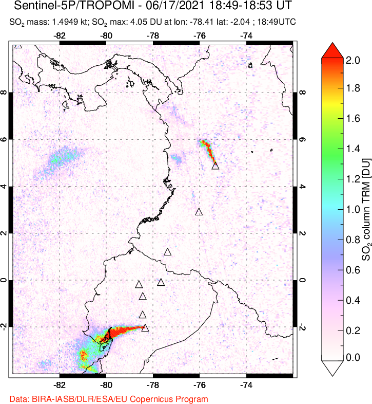 A sulfur dioxide image over Ecuador on Jun 17, 2021.
