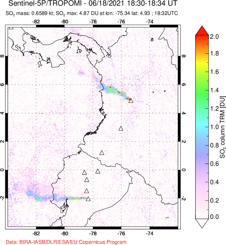 A sulfur dioxide image over Ecuador on Jun 18, 2021.