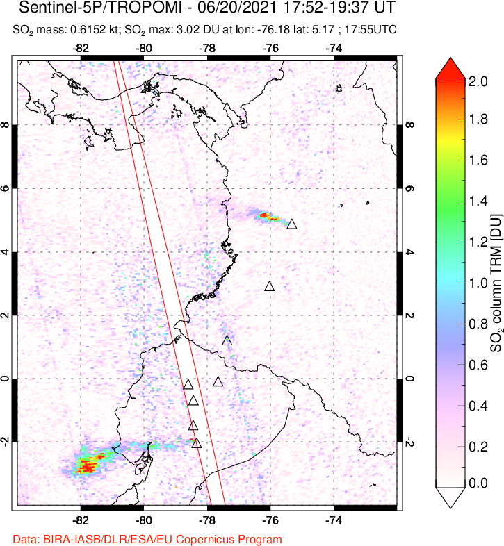A sulfur dioxide image over Ecuador on Jun 20, 2021.