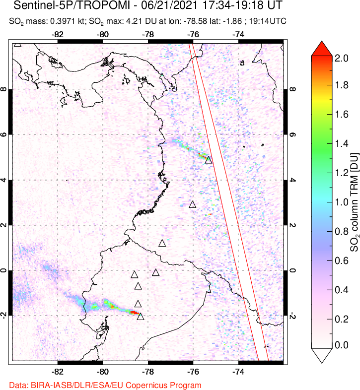 A sulfur dioxide image over Ecuador on Jun 21, 2021.