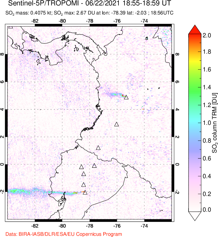 A sulfur dioxide image over Ecuador on Jun 22, 2021.