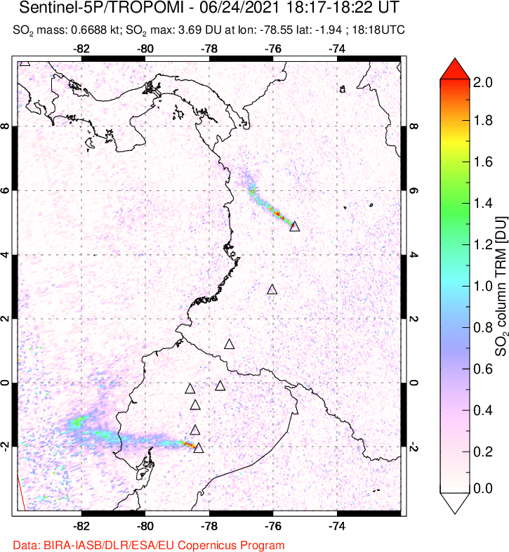 A sulfur dioxide image over Ecuador on Jun 24, 2021.