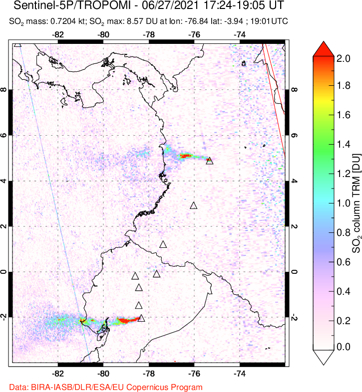 A sulfur dioxide image over Ecuador on Jun 27, 2021.