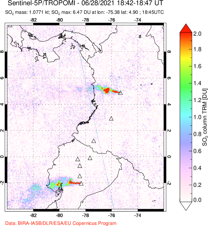 A sulfur dioxide image over Ecuador on Jun 28, 2021.