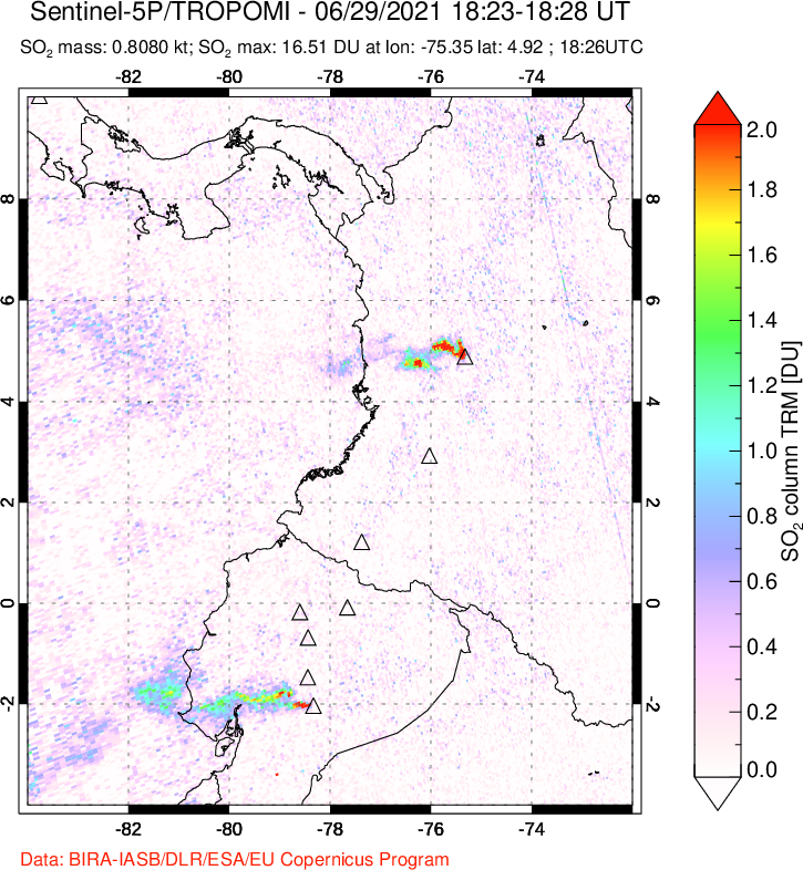 A sulfur dioxide image over Ecuador on Jun 29, 2021.