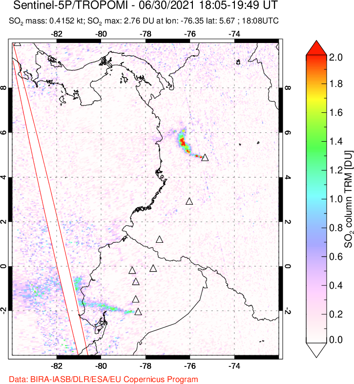 A sulfur dioxide image over Ecuador on Jun 30, 2021.
