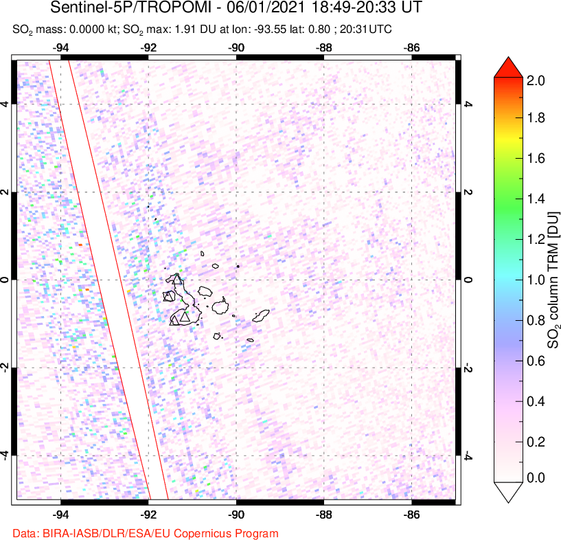 A sulfur dioxide image over Galápagos Islands on Jun 01, 2021.