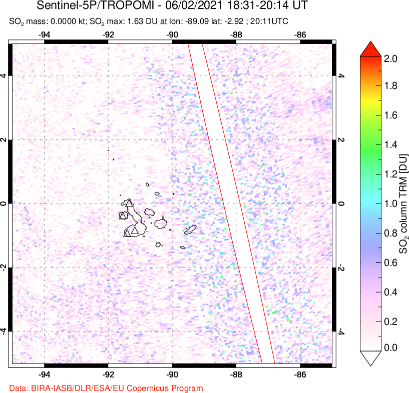 A sulfur dioxide image over Galápagos Islands on Jun 02, 2021.