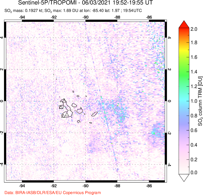 A sulfur dioxide image over Galápagos Islands on Jun 03, 2021.