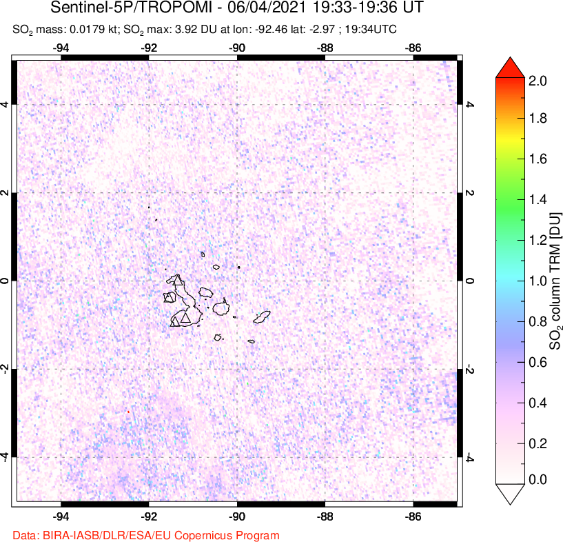 A sulfur dioxide image over Galápagos Islands on Jun 04, 2021.