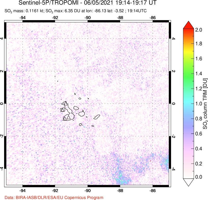 A sulfur dioxide image over Galápagos Islands on Jun 05, 2021.
