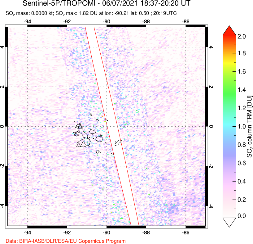 A sulfur dioxide image over Galápagos Islands on Jun 07, 2021.