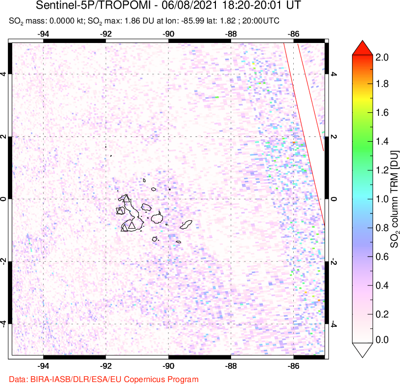 A sulfur dioxide image over Galápagos Islands on Jun 08, 2021.