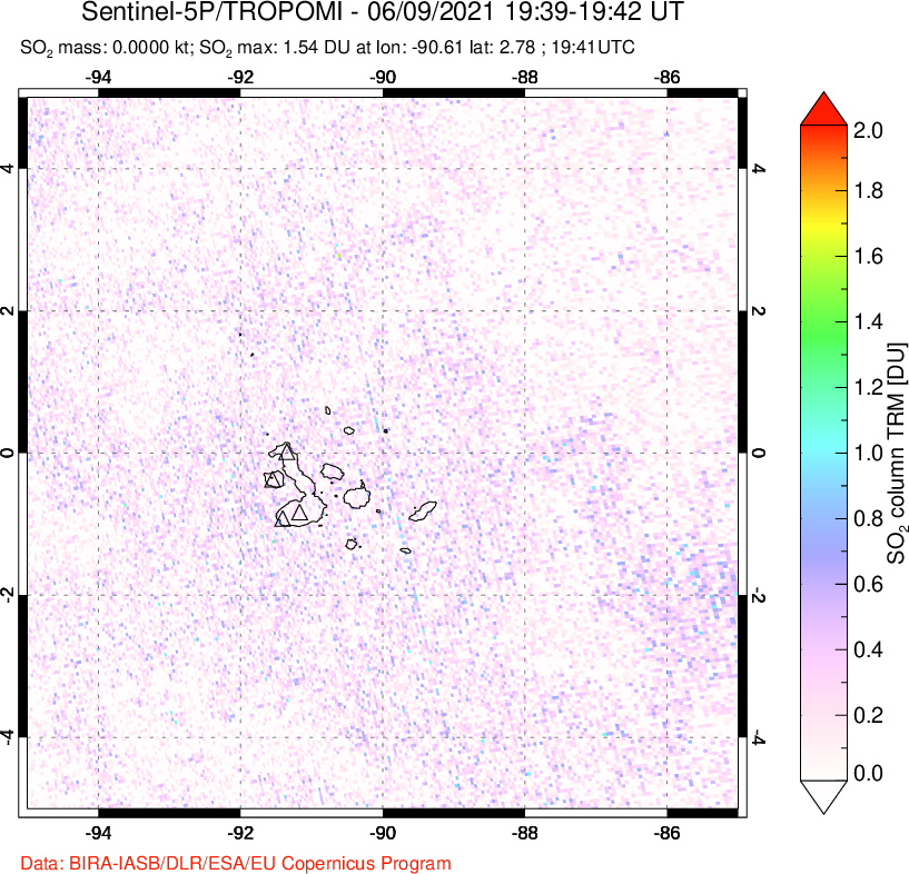 A sulfur dioxide image over Galápagos Islands on Jun 09, 2021.