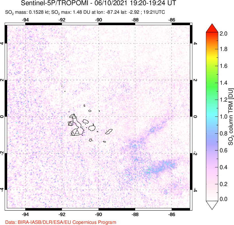 A sulfur dioxide image over Galápagos Islands on Jun 10, 2021.