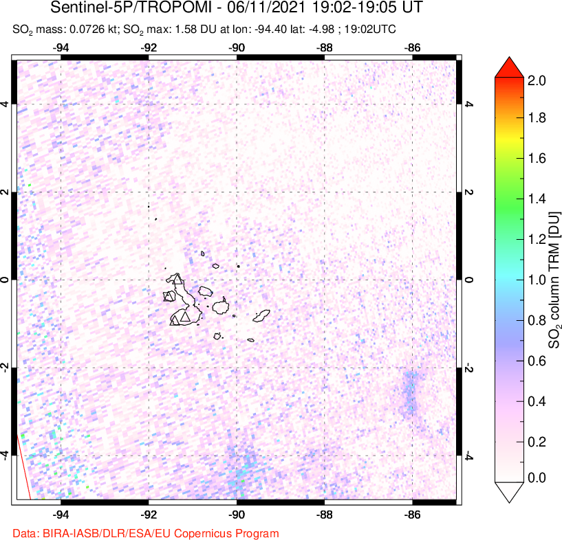 A sulfur dioxide image over Galápagos Islands on Jun 11, 2021.