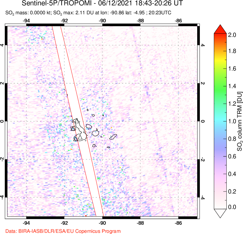 A sulfur dioxide image over Galápagos Islands on Jun 12, 2021.
