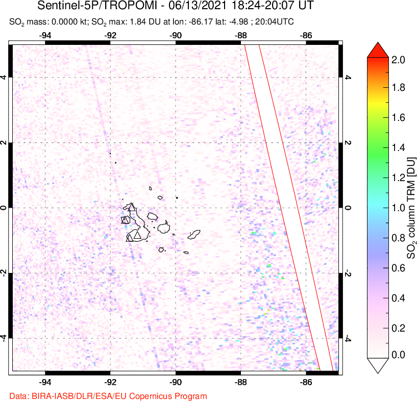 A sulfur dioxide image over Galápagos Islands on Jun 13, 2021.