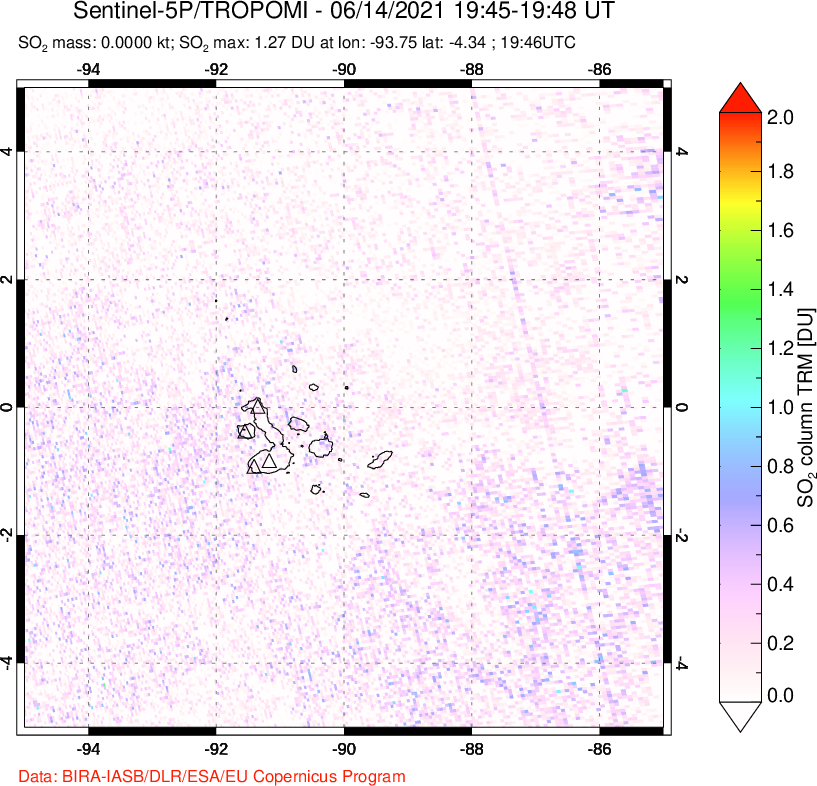 A sulfur dioxide image over Galápagos Islands on Jun 14, 2021.