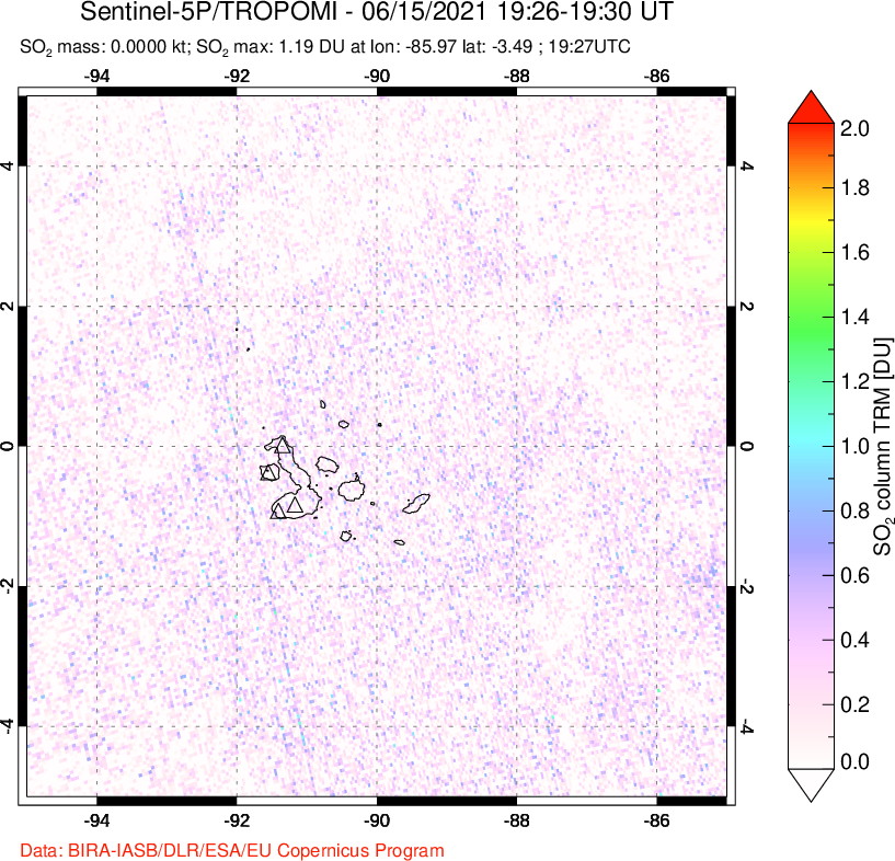 A sulfur dioxide image over Galápagos Islands on Jun 15, 2021.