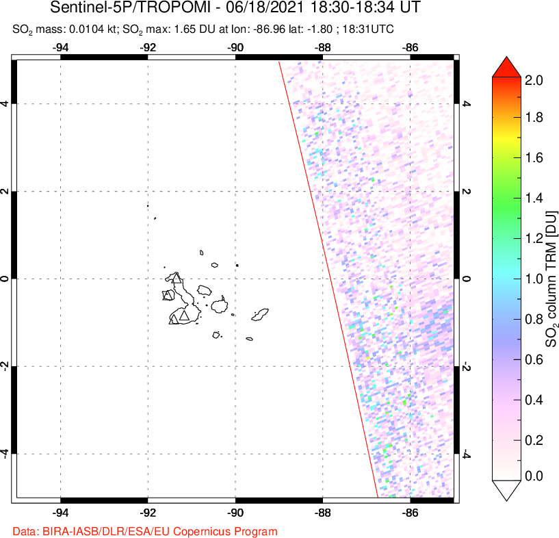 A sulfur dioxide image over Galápagos Islands on Jun 18, 2021.