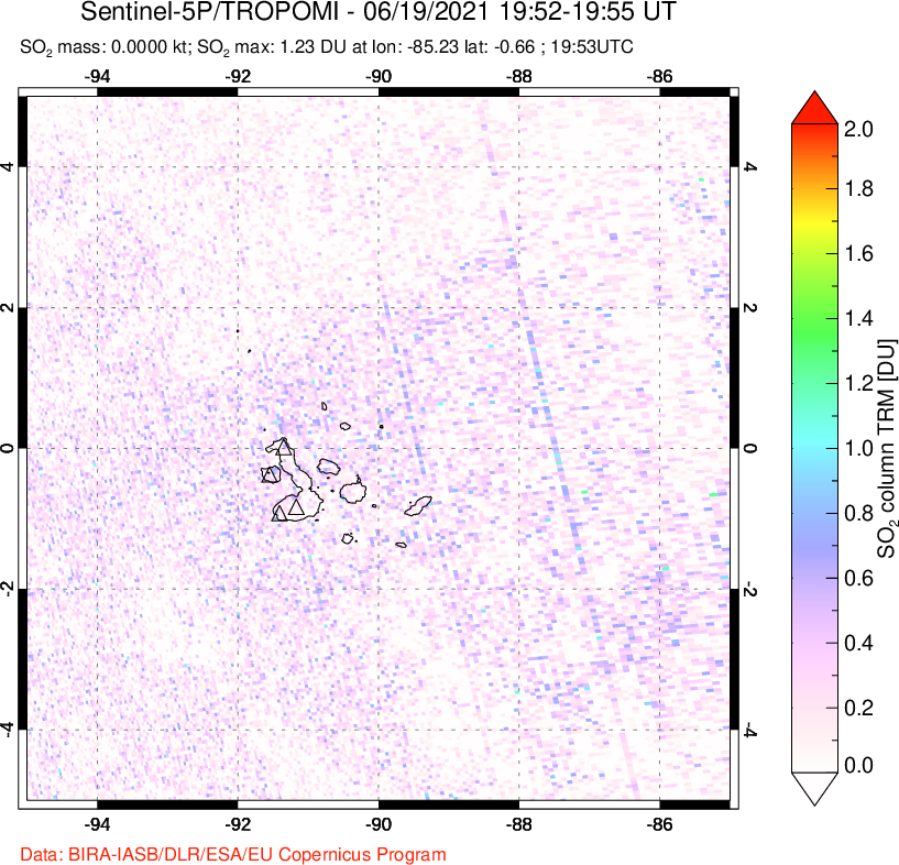 A sulfur dioxide image over Galápagos Islands on Jun 19, 2021.