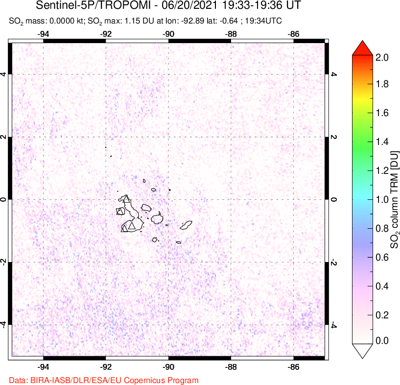 A sulfur dioxide image over Galápagos Islands on Jun 20, 2021.