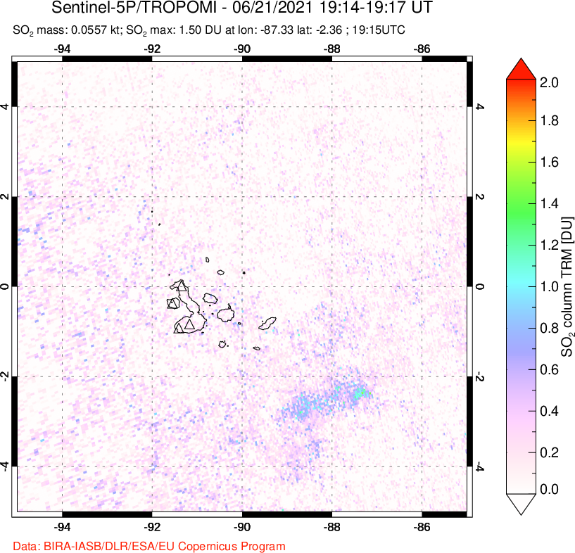 A sulfur dioxide image over Galápagos Islands on Jun 21, 2021.