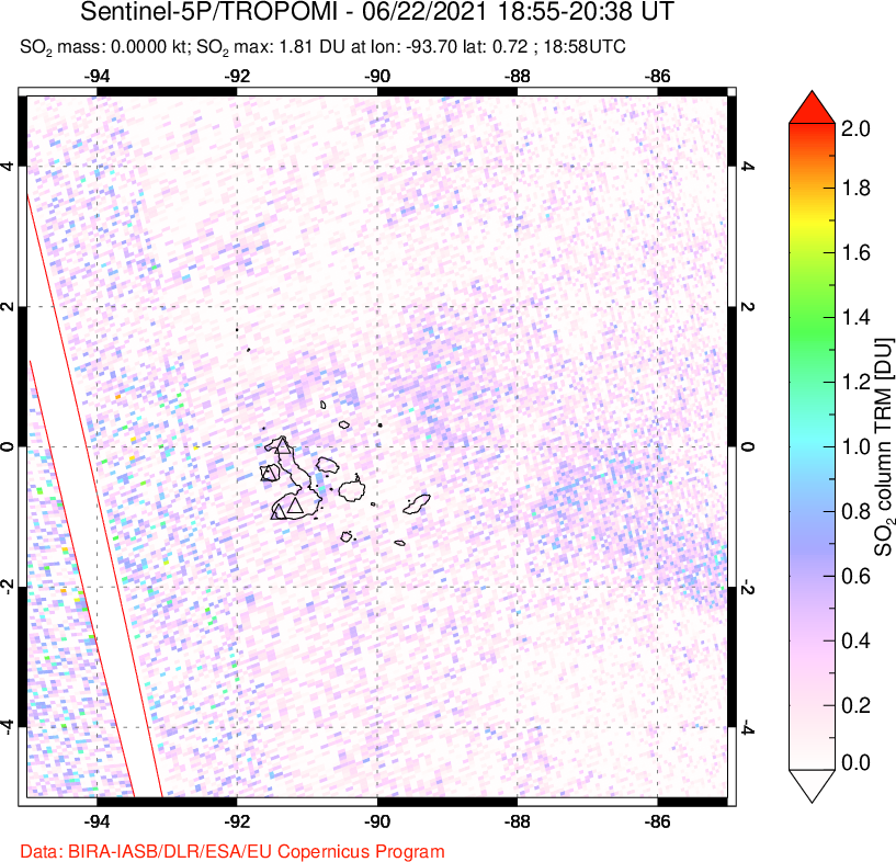 A sulfur dioxide image over Galápagos Islands on Jun 22, 2021.