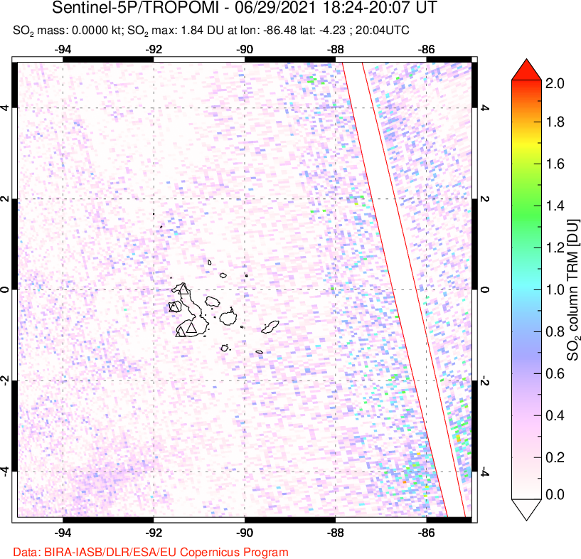 A sulfur dioxide image over Galápagos Islands on Jun 29, 2021.