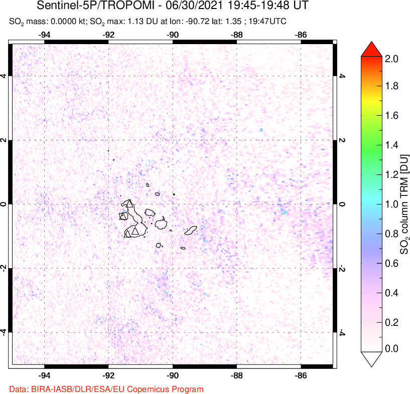 A sulfur dioxide image over Galápagos Islands on Jun 30, 2021.