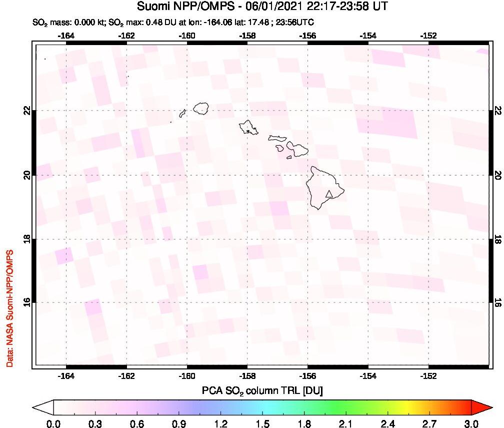 A sulfur dioxide image over Hawaii, USA on Jun 01, 2021.