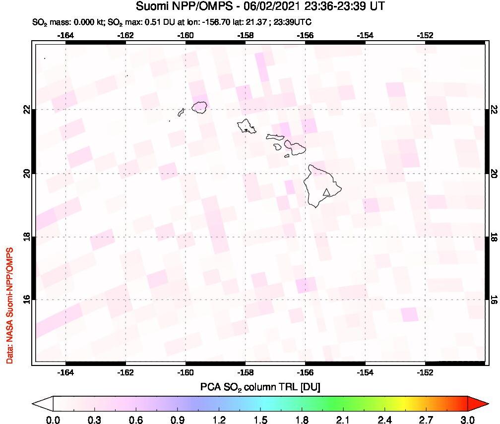 A sulfur dioxide image over Hawaii, USA on Jun 02, 2021.