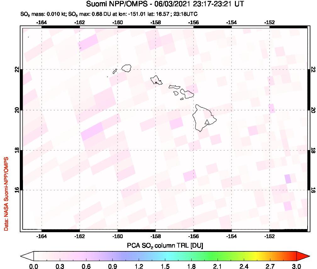 A sulfur dioxide image over Hawaii, USA on Jun 03, 2021.