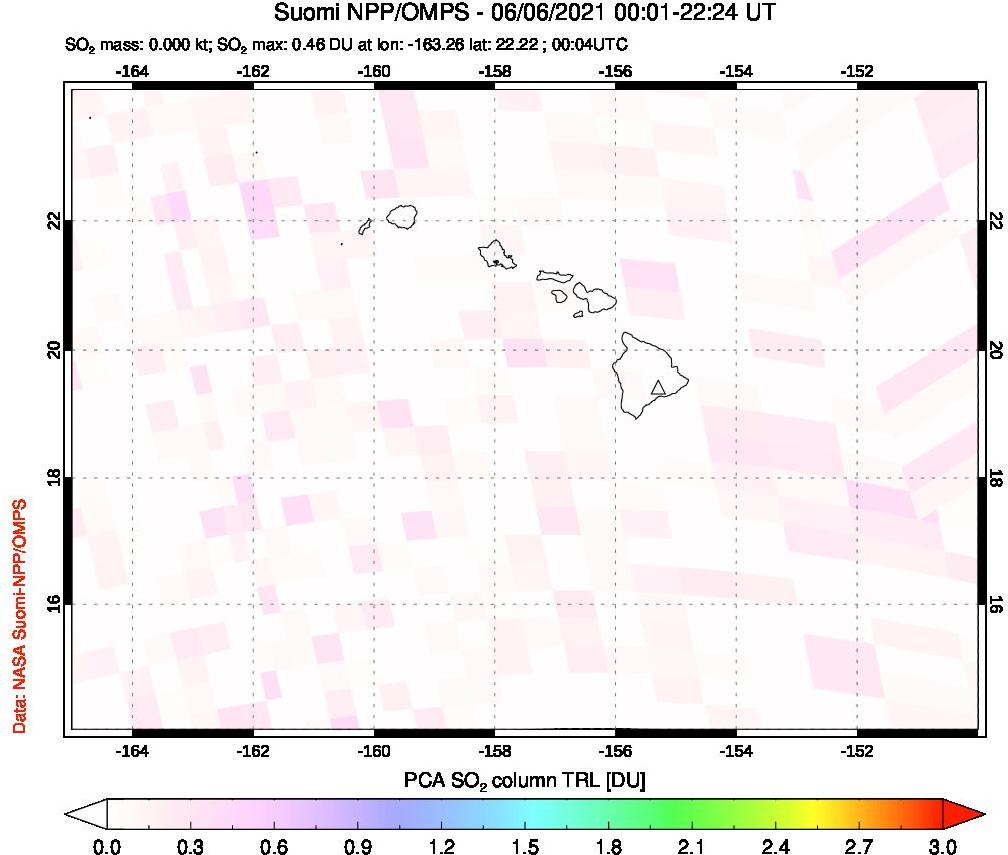 A sulfur dioxide image over Hawaii, USA on Jun 06, 2021.