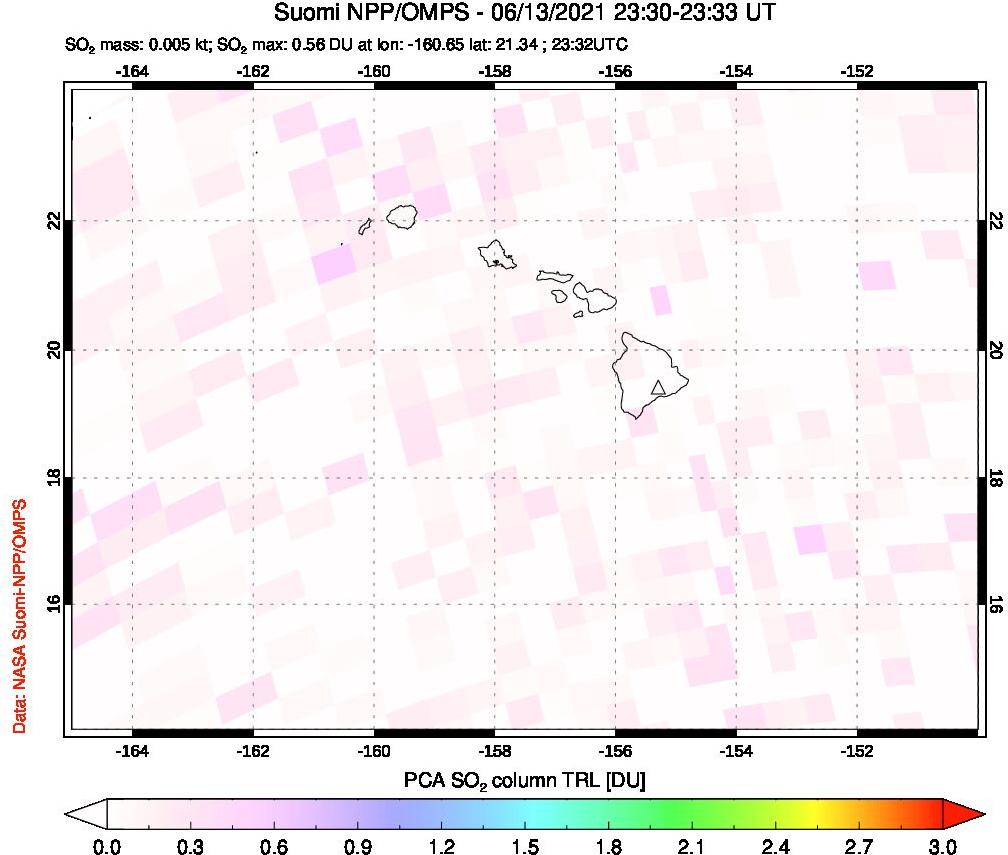 A sulfur dioxide image over Hawaii, USA on Jun 13, 2021.